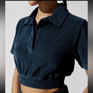 CARBON 38 Micro Terry NAVY SHORT-SLEEVE CROP POLO/ NWT! ❄️🎁